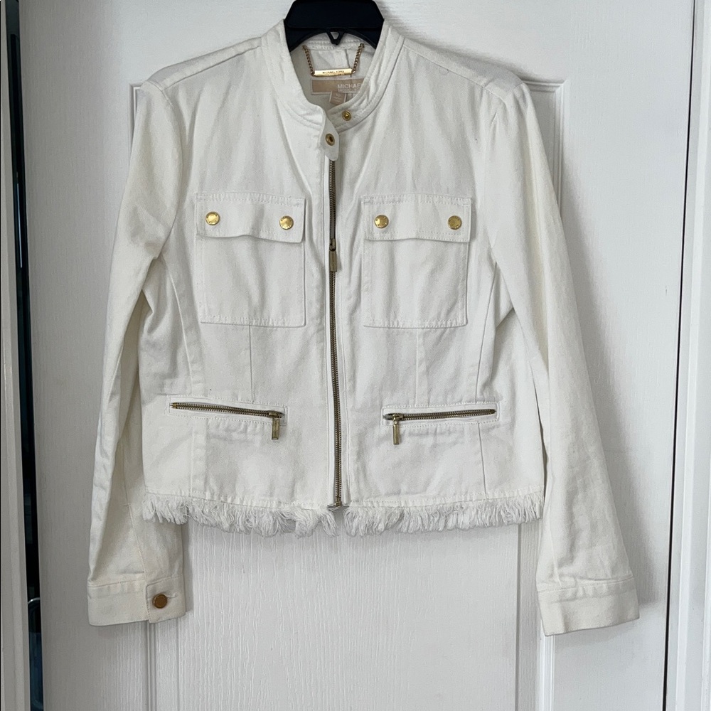 Michael Kors Women's denim White Jacket with Gold Zipper Accents, size 10